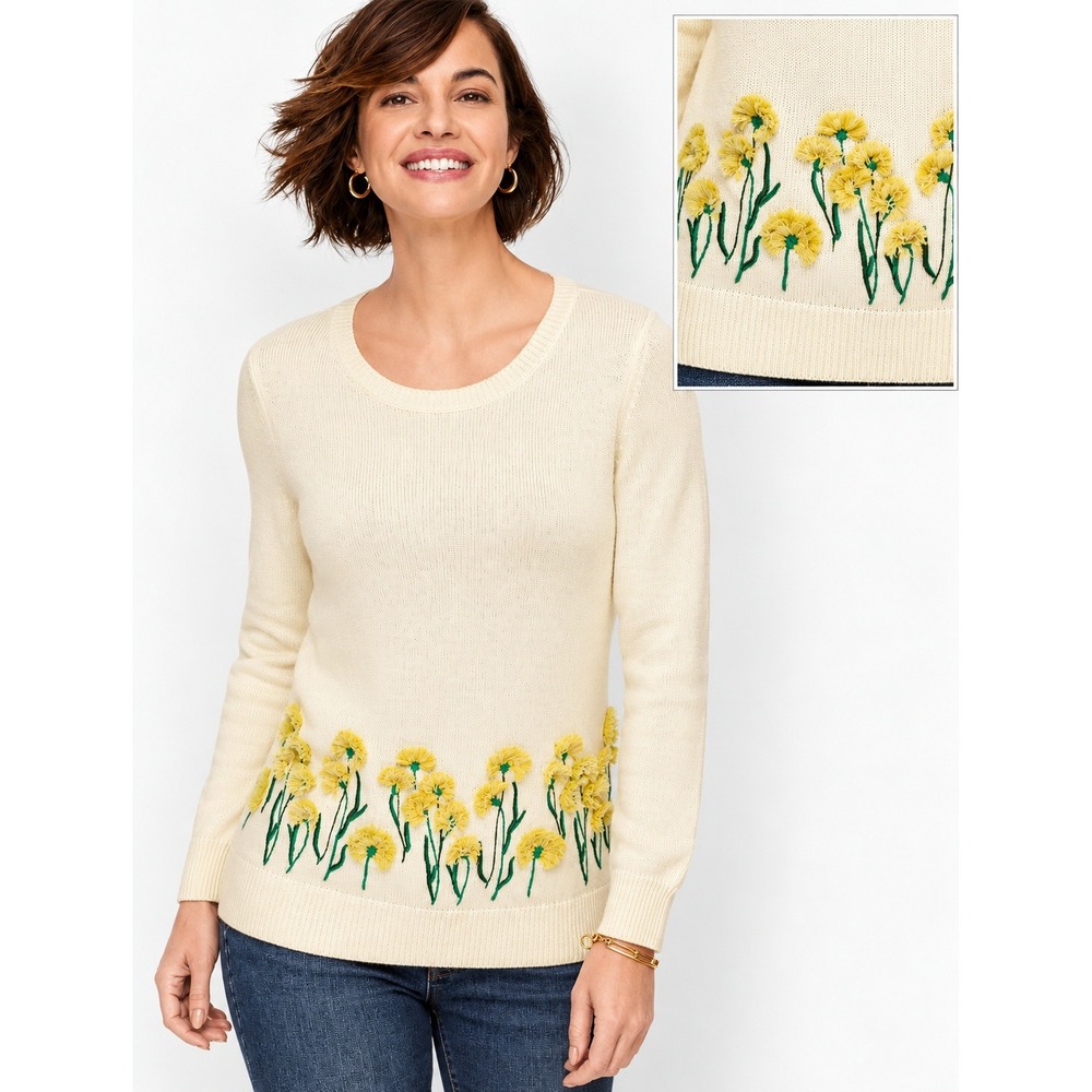 Talbots Petite Ivory Floral Embroidered Sweater PXL NWT